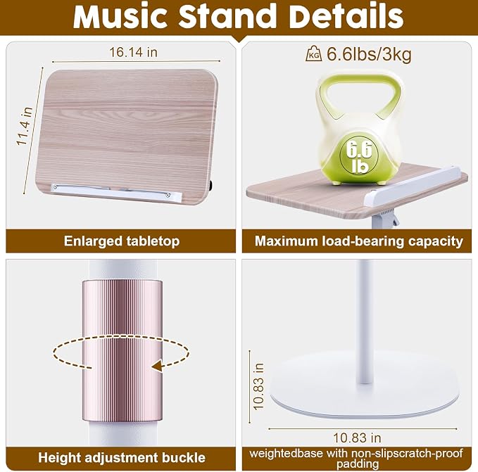 2 in 1 Dual-use Music Stand & Desktop Book Stand, Adjustable Height 16.5"-51", 100% Solid Wood Laptop Floor Stand Book Holder with Elastic Page Clips for Cookbooks (White) - Image 4