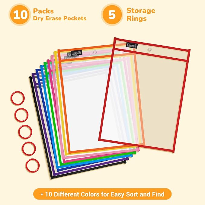 GAMENOTE 10 Pack Dry Erase Pockets, 10x14 Reusable Sleeves, 10 Colors | 10 reusable PVC pockets hold 8.5 x 11 and 9 x 12 sheets; double sided wipe clean surfaces, pen loops, eyelets, and 5 rings - Image 9