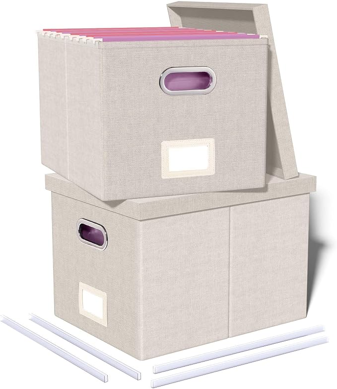 2 Pack File Storage Organizer, Document Organizer, Portable File Box with Lid, Fit for Letter/Legal File Folder Storage,Beige-Box only by Oterri
