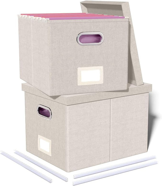 2 Pack File Storage Organizer, Document Organizer, Portable File Box with Lid, Fit for Letter/Legal File Folder Storage,Beige-Box only by Oterri