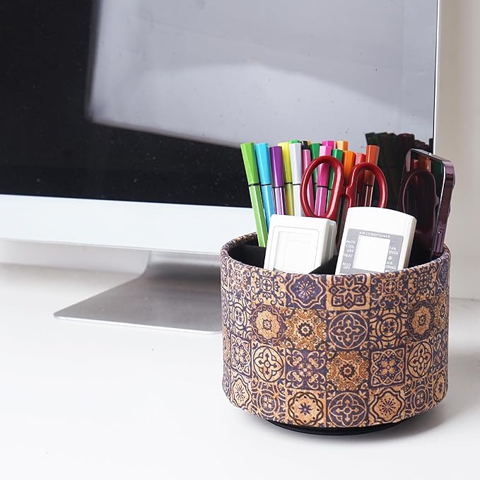 Round Leather Art Supply Organizer,Remote Control Holder,360 Degree Spinning,Multi-Functional Pencil Holder,4 Compartments Desktop Stationary Organizer(1-Wood Leather Blue)