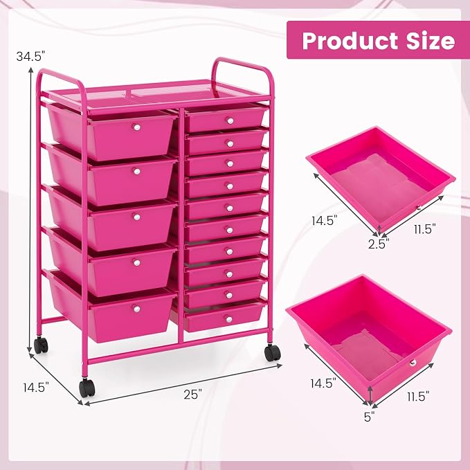 GOFLAME 15-Drawer Rolling Storage Cart, Craft Storage Cart with Removable Drawers & Lockable Wheels, Art Cart Supply Storage Organizer for Home Office Classroom, Hot Pink - Image 3
