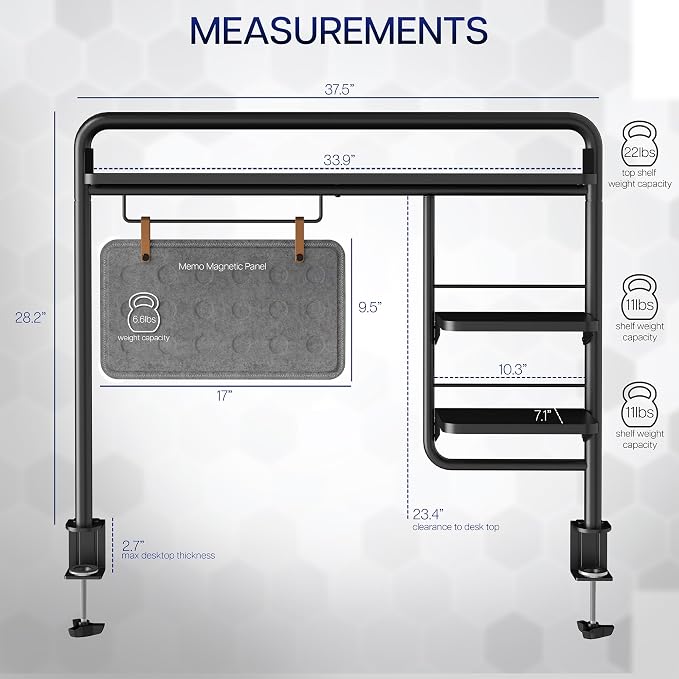 VIVO Black Clamp-on 38 inch Desktop Shelving System, DESK-SHELF38A | Raised Accessory Storage Shelves, Magnetic Memo Board Desk Organizer, Shelving for Sit Stand Workstation - Image 3