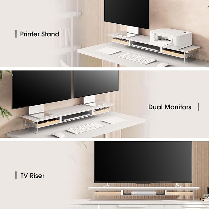 Fenge Dual Monitor Stand with Drawer, 42.5 Inch Large Monitor Riser with Acrylic Legs Supports, Computer Stand for Desk, 2 Tier Wood Desk Shelf with Storage Organizer for PC, Laptop, Printer, TV - Image 7