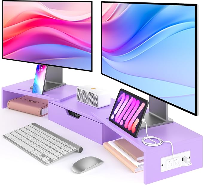 Dual Monitor Stand with USB Ports Wood Monitor Stand Riser with Drawer | Adjustable Desk Shelf,Desk Organizer for Computer,Laptop,Study&Office,No Assembly Required,Pink by Elephance