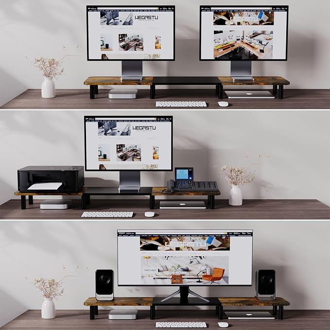 43.7" Extra Long Dual Monitor Stand Riser, Wood & Steel Monitor Stand for 2 Monitors, Wide TV Stand, Desktop Riser for Desk Organization, Home Office、Laptop,Printer,TV (Vintage black) - Image 4