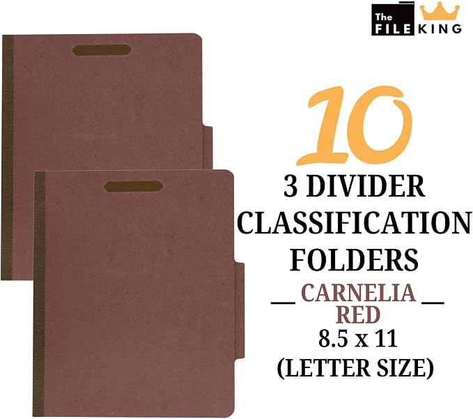 The File King Three Divider Pressboard Classification Carnelia Red File Folder - Letter Size | Box of 10 | 2/5 ROC Top Tab | 3” Expansion | Eight 2-Inch Fastener Prongs | USA Made - Image 2