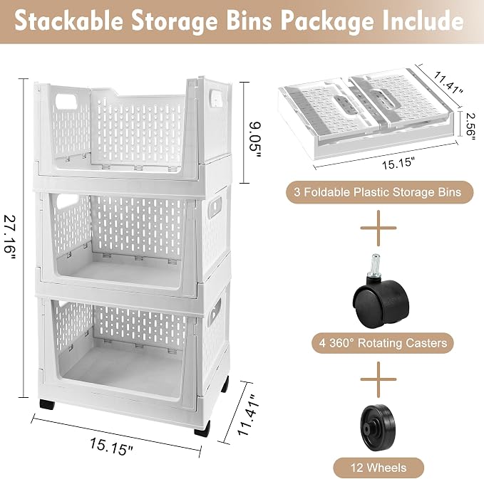 Stackable Plastic Storage Basket, 3 Pack Foldable Closet Organizers and Storage Bins with Wheels, Collapsible Drawer Shelf Storage Box Container for Office Bedroom Closet Wardrobe Kitchen Bathroom - Image 6