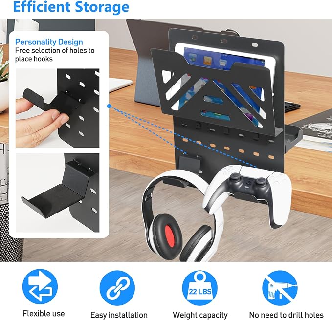 MAXECHO Desk Side Storage Holder, Metal Pegboard, Above or Under Desk Laptop Mount, Table Side Hanging File Organizer, Clamp On Cable Management Tray, Peg Board for Gaming, Office - Image 3