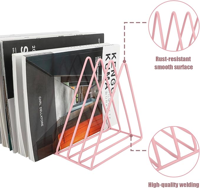 Vinyl Record Holder Storage, 9 Slot Metal Magazine Book Album Display Rack, Stylish Triangle Desktop File Sorter Organizer for Home Office, Pink - Image 4