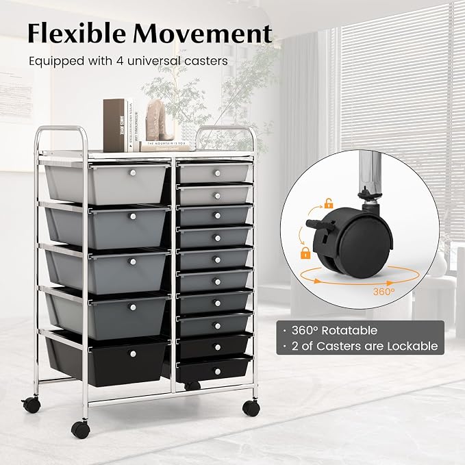 DORTALA 15-Drawer Rolling Storage Cart with Drawers, Rolling Utility Cart w/Removable Drawers & Universal Wheels, Tools Scrapbook Paper Organizer for School, Office, Home, Classroom (Gradient Black) - Image 6