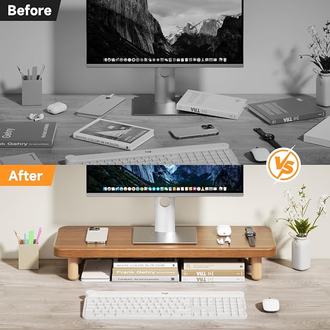 Monitor Stand Riser, 24 Inch Wood Desk Organizer with Monitor Stand & Storage Computer Monitor and Laptop Riser Multifunctional Laptop Stand Desk Organizer for Office Home Screen/Laptop/PC (Walnut) - Image 7