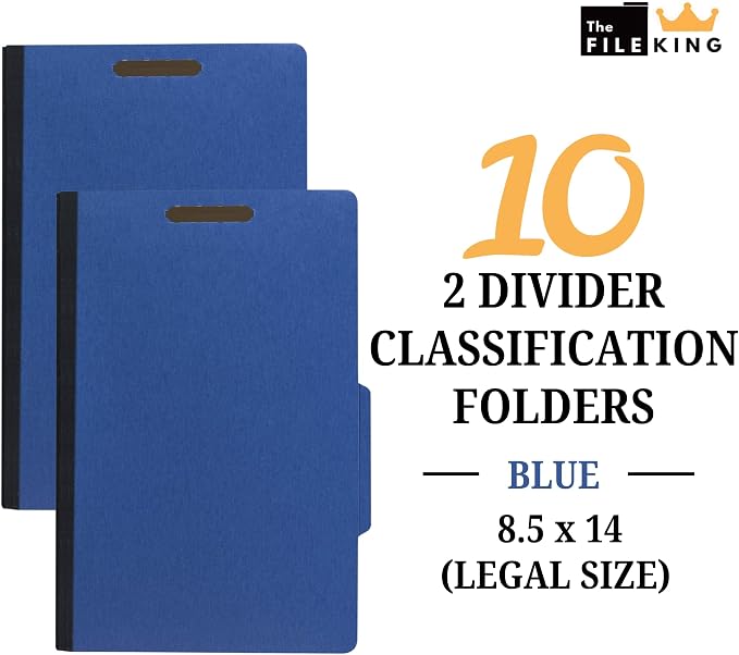 The File King Pressboard Classification Blue Partition File Folder | Legal Size - Box of 10 | Two Dividers | Six 2” Durable Fastener Prongs | 2/5 Cut Top Tab | 2” Expansion - Image 2