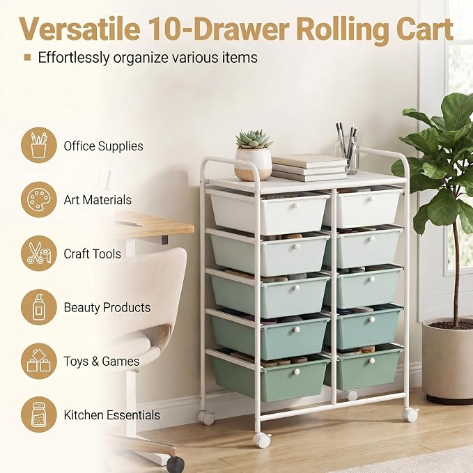 COSTWAY 10 Drawer Rolling Storage Cart, Utility Cart with Lockable Wheels | Mobile Art Supply Craft Organizer with Metal Frame, Multipurpose Drawer Cart for Paper for Office, School, Green Gradient - Image 4