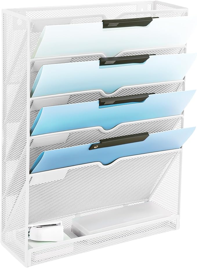 6 Tier Mesh Hanging Wall File Organizer, Desk Vertical Mail Paper Document Folder Holder Rack with Bottom Tray and Nametag Label for Office Home School, White by EASEPRES