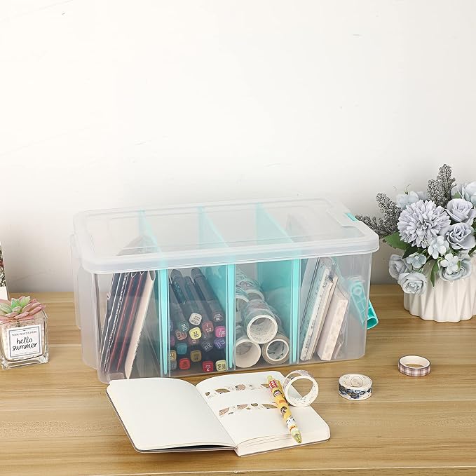 BTSKY Clear Plastic Dividing Storage Box with 4 Deep Compartment Sewing Box | 13.9x7.9x6.2 Inches Adjustable Storage Bin with Lid Portable Craft Storage Container Multipurpose Art Supply Organizer Blue - Image 6