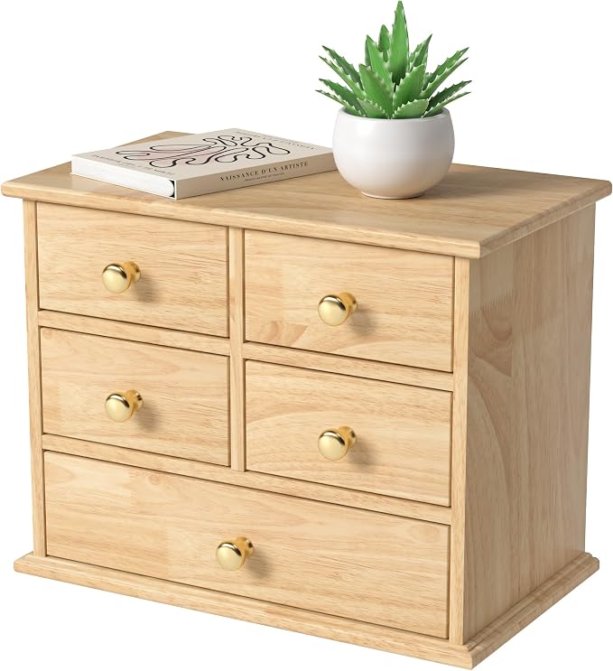 Oak Desk Organizer with Drawers, Durable Wooden Desktop Storage Box | 5 Drawer Tabletop Organizer with Metal Handles & Non-Slip Pads for Office, Bedroom, Bathroom, Vanity, Makeup Storage, Natural by JNFUZ
