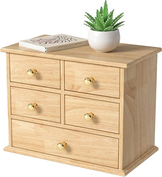 Oak Desk Organizer with Drawers, Durable Wooden Desktop Storage Box | 5 Drawer Tabletop Organizer with Metal Handles & Non-Slip Pads for Office, Bedroom, Bathroom, Vanity, Makeup Storage, Natural by JNFUZ