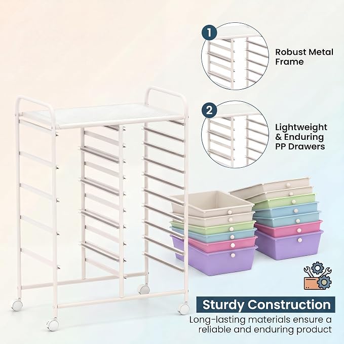 GOFLAME 15-Drawer Rolling Storage Cart, Craft Storage Cart with Removable Drawers & Lockable Wheels, Art Cart Supply Storage Organizer for Home Office Classroom, Ice Cream - Image 6