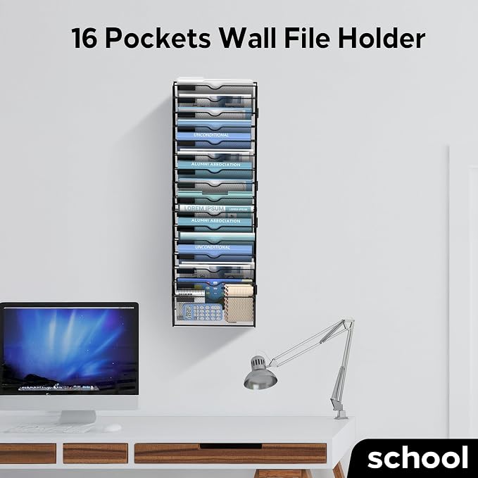 16-Tier Wall File Organizer and Hanging File Organizer, Black | Wall Organizer and Wall Mounted File Holder with 16 Pockets and Label Panels for Files, Mail, Folders, Magazines and Paper - Image 4