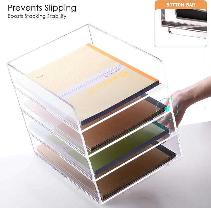 Acrylic Paper Organizer Letter Tray, Stackable Desk Organizer, 4-Tier | Desk Organizers and Accessories, Vertical File Tray, Workspace Office Supplies Organizer for Office Classroom Home, Clear - Image 6