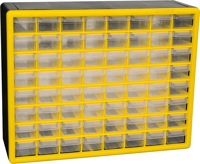 Akro-Mils 64-Drawer Plastic Storage Cabinet, 20"W x 6"D x 16"H, Yellow | Plastic Cabinet w/ Drawers for Garage Organization, Beads, Building Bricks Storage, Teacher Toolbox, Makeup Organizer, 10164 by Akro-Mils
