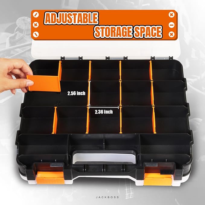 Jack Boss Tool Box with Transparent Lid, Double Side 34-Compartments Organizer Box with Removable Dividers for Hardware, Screws, Bolts, Nails, Beads, Jewelry and Fishing Accessories, Orange, 1 Pack - Image 3