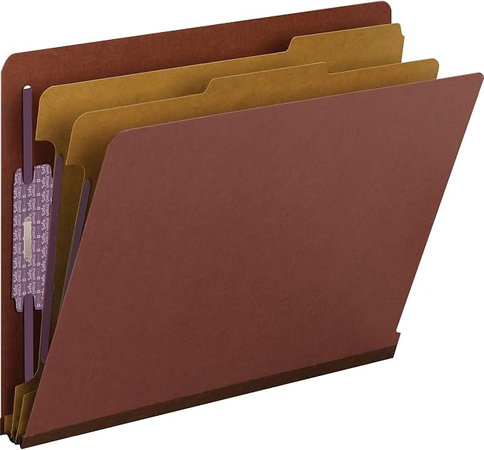 Smead 100% Recycled End Tab Pressboard Classification File Folder with SafeSHIELD Fasteners, 2 Dividers, 2" Expansion, Letter Size, Red, 10 per Box (26860) by SMEAD