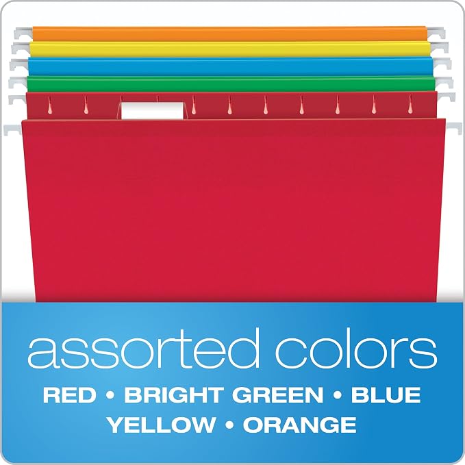 Pendaflex Reinforced Hanging Folders, Letter Size, Assorted Colors (Green, Blue, Red, Yellow, Orange) 1/5 Cut & Portable File Box with File Rails, Hinged Lid with Double Latch Closure - Image 4