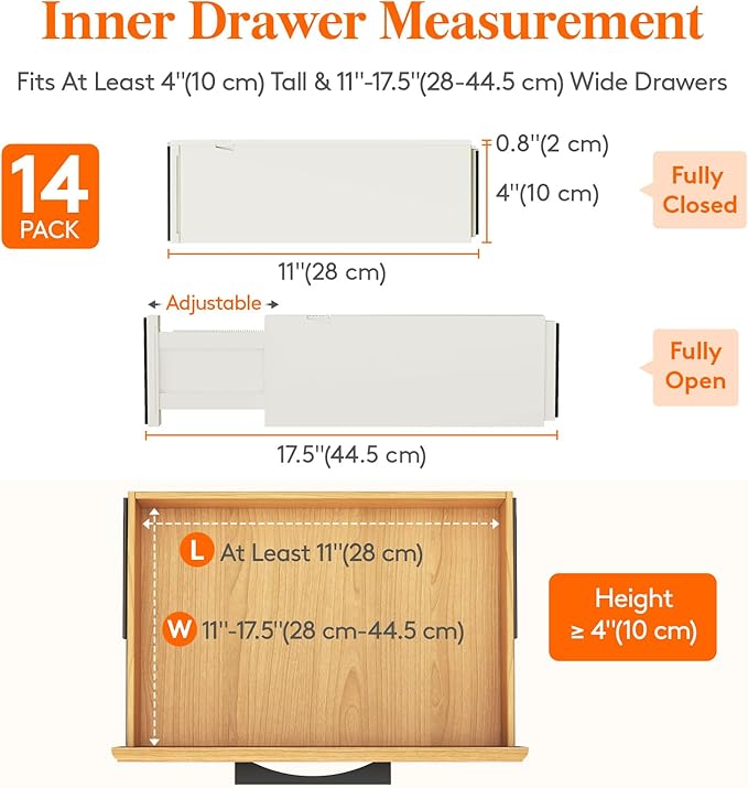 Lifewit 14 Pack Drawer Dividers 4" High 28-43.5cm/11-17" Adjustable Drawer Organizer for Clothes/Utensils, Expandable Drawer Separator in Dresser/Kitchen/Bedroom/Office Organization & Storage Beige - Image 2