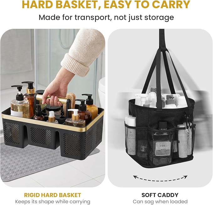 BYUNER Portable Cleaning & Shower Caddy with Handle: Rigid Plastic Basket with 4 Divided Compartments, All-Side Drainage for College Dorm, Bathroom & Utility Use, Black/Gold - Image 9