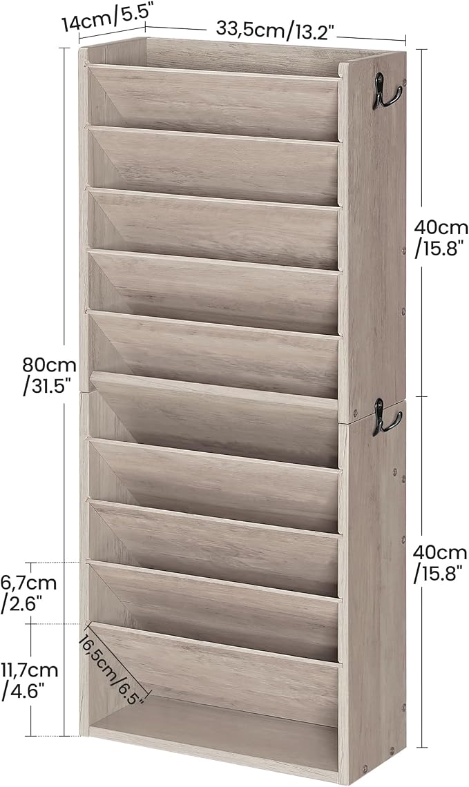 Wall File Organizer, 10-Tier Hanging Mail Organizer, Wall Mount File Holder with 4 Side Hooks, Industrial Mail and Storage Organizer, Wooden Vertical Hanging Holder for Office, Greige MWJ03FH - Image 2