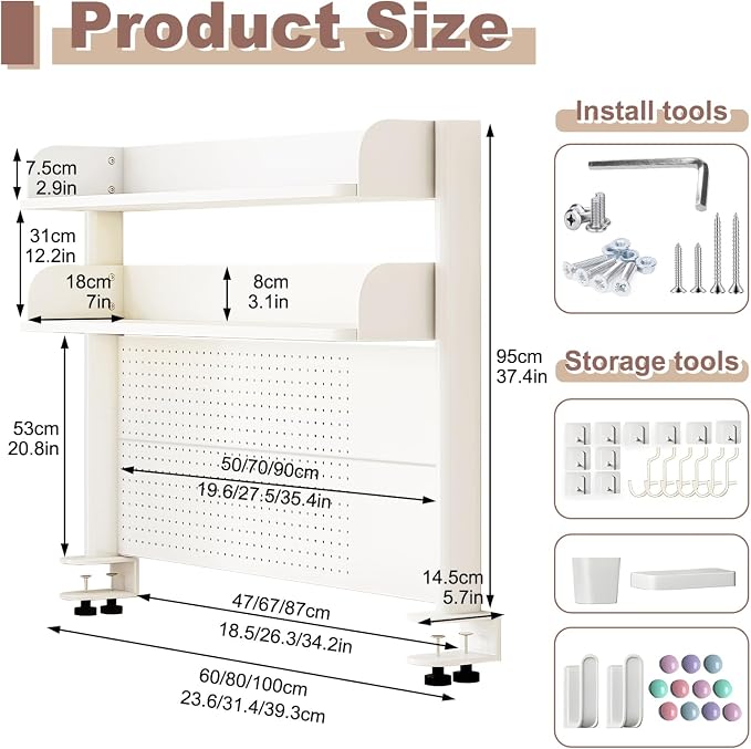Clamp On Desk Organizer Shelf,Desk Extender Pegboard,White,39.4in | Computer Desk Accessories for Office,Desktop Bookshelf Storage Shelves for Desk, Desktop Shelving System - Image 3
