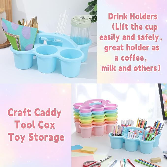 6 Pack Classroom Caddy Organizer with Handle Pastel Plastic Table Caddy Drink Cup Caddies Holder 12x9x3.5 Inches Storage School Supplies 6 Compartments for Table Crayon Pencil Cup Marker Craft - Image 5