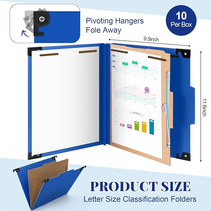 Henoyso 10 Pcs Hanging Classification Folders,1 Pocket Divider,Dark Blue | Letter Size, Hanging File Folders with 1 Pockets, 2" Expansion, 4 Prong Fasteners, 1/3 Tab Cut, 4 Sections, Pressboard Manila - Image 2