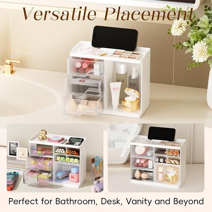 Small Makeup Organizer with Drawers, Stackable Bathroom Couneter Organizer with Phone Holder, Versatile Vanity Organizer Countertop, Cosmetic Organizer for Makeup Brush, Skin Care, Lotion -White,2Pack - Image 6