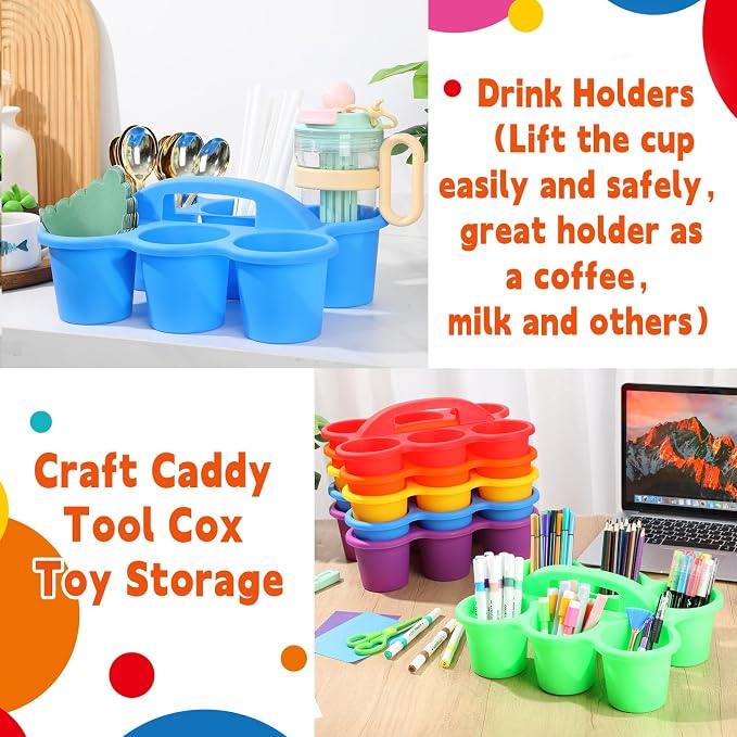6 Pack Classroom Caddy Organizer with Handle Colorful Plastic Table Caddy Drink Cup Caddies Holder 12×9×3.5 Inches Storage School Supplies 6 Compartments for Table Crayon Pencil Cup Marker Craft - Image 5