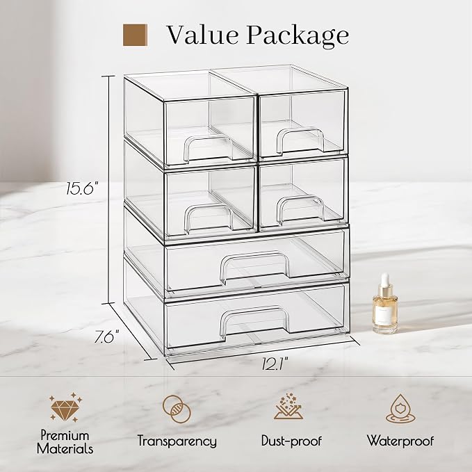 Clear Stackable Storage Drawers, Acrylic Bathroom Makeup Organizer, Plastic Bins for Art Tool & Sketch, Sturdy and Durable Containers for Countertop, Cabinet, Vanity, Pantry Organization - Image 3