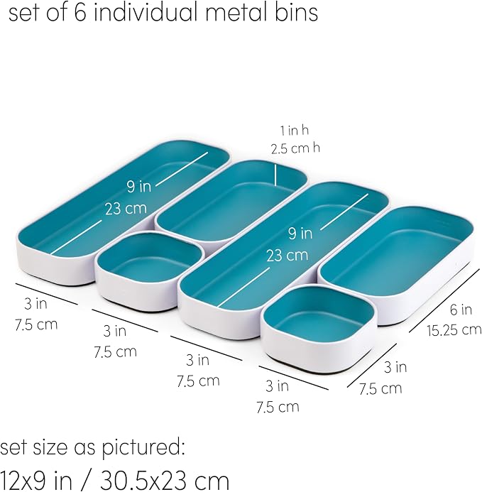 Three by Three Seattle Metal Stacking Bins Drawer Organizer, 6-Pc (Sky) | Food-safe stackable metal bins; customize your drawer layout; great for kitchen, bathroom, vanity & office drawers - Image 3