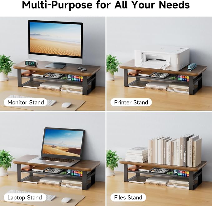Monitor Stand Riser, 24 Inch Computer Monitor Stand for Desk, 2-Tier Wood Desk Shelf Organizer with Storage, Desktop Stand for Laptop/Screen/PC/Printer, Ergonomic Home Office Monitor Stand - Image 7