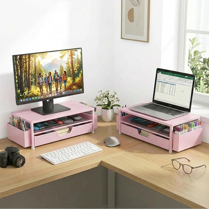 ECOLOVI Desk Organizer and Accessories, 2-Tier Computer Monitor Stand Rise with Storage Drawer & 2 Pen Holders, Laptop & Printer Stand for Desktop, Workspace Organizers for Office Supplies (Pink) - Image 5