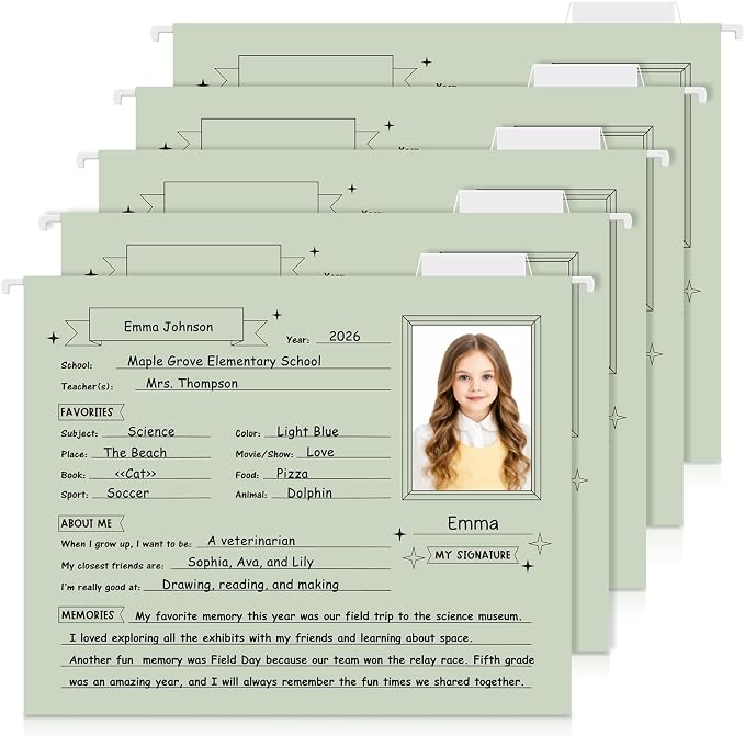 Glenmal 25 Pack School Years Memory File Folders Memory Pages Letter Hanging Files School Keepsake Organizer Questionnaire for Kids K-12 Student Info Record Personal Growth Tracking(Green) by Glenmal