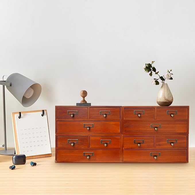 4 Pcs Vintage Desktop Organizer Set, Wooden 3 Drawer Storage Cabinets with Metal Handles & Label Slots, Stackable Apothecary Chest for Office, Herb, Tea, Jewelry and Stationery Organization (Brown) - Image 2