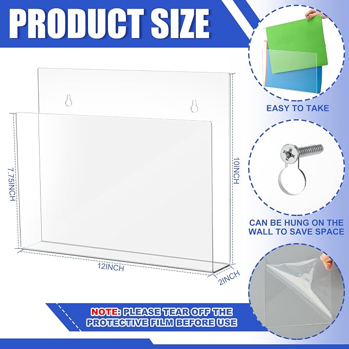 4 Pcs 12 Inch Acrylic Wall File Holder Tablet or Patient Chart Holder with Open Sides Medical Files Hanging Organizer for Wall Hardware for School Office Home (Square Style) - Image 2