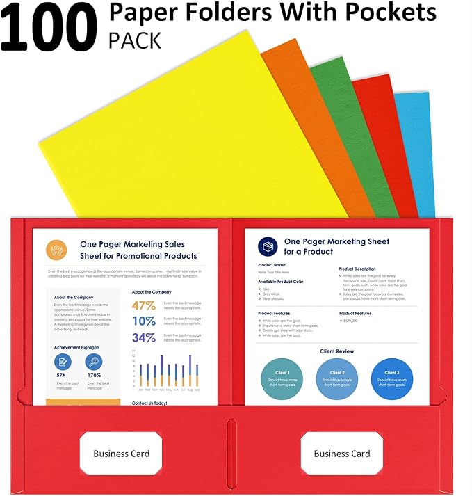 HABGP 2 Pocket Folders, 100 Pack, Paper File Folders with Pockets, 5 Colors | Two Pocket Folders, Fit Letter Size Paper, Colored, for School, Office, Home, Business - Image 5