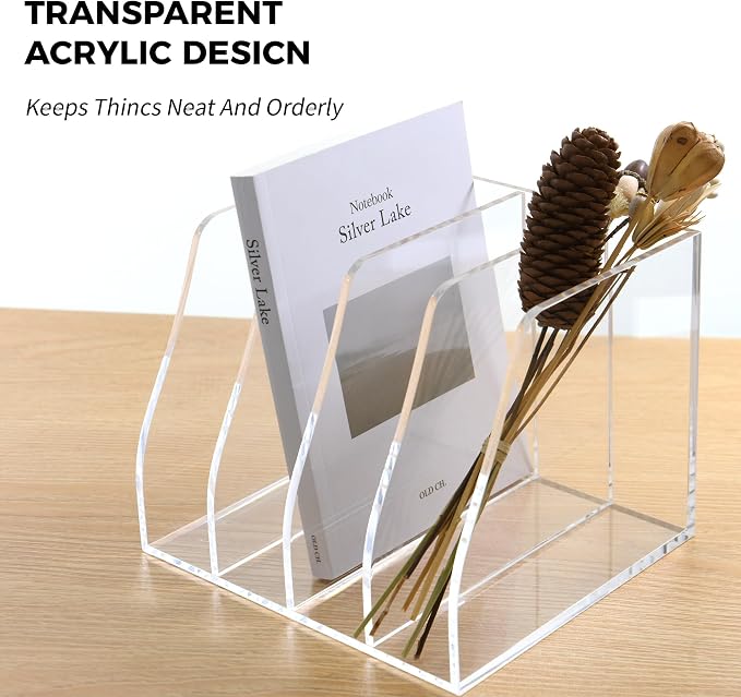 Acrylic Magazine File Holder, 4 Vertical Compartments Desk Document Sorter Organizer, Clear Folder Rack Binder for Office/Home/Classroom, for Documents, Tablet, Magazines, Books & Accessories - Image 6