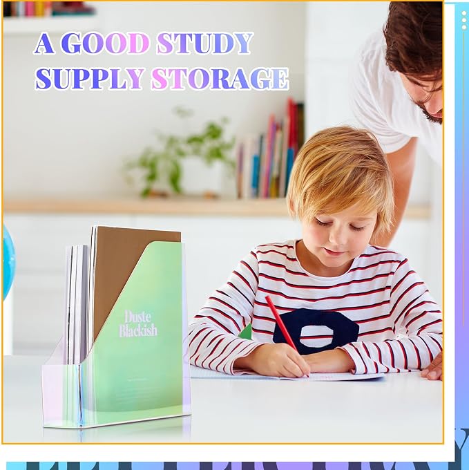 Engrowtic 2 Pcs Iridescent Vertical Magazine File Holder Acrylic Magazine Holder Storage Organizer Plastic Clear Acrylic Rack for Office Classroom Home Document Paper Book Collection Back to School - Image 4