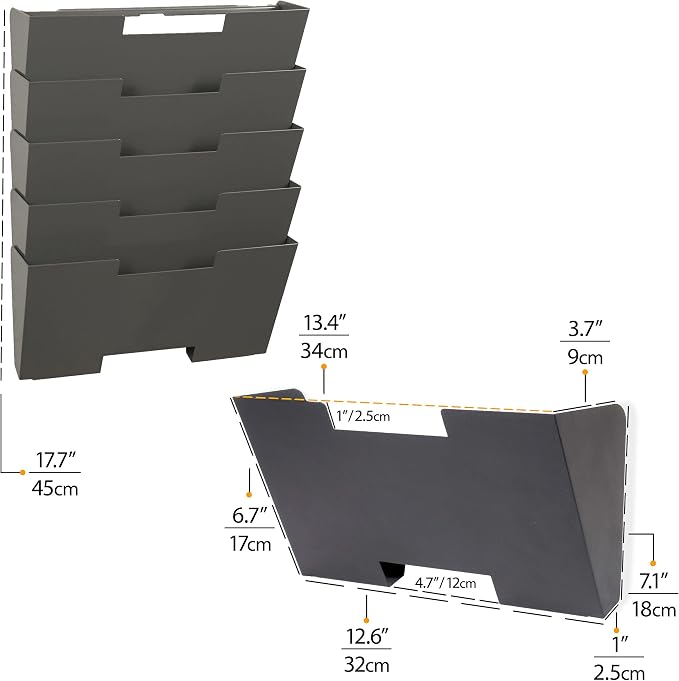 Wallniture Lisbon Metal Wall File Holder Organizer, 5-Tier File Folders Letter Size Magazine Holder and Office Decor, Gray - Image 6