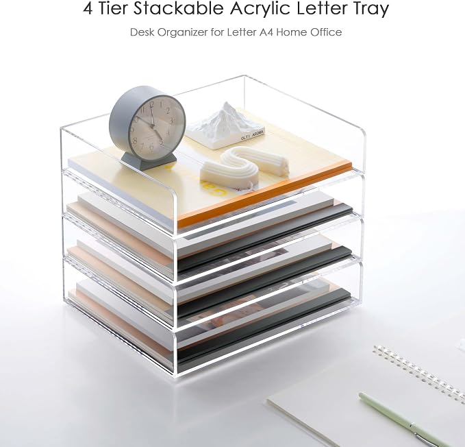 Acrylic Desk Organizer, Stackable Paper Organizer Letter Tray, 4-Tier | Clear Desk Organizers and Accessories, Office Supplies Organizer for Files, A4 Paper, Books, Mails, Office Classroom Home - Image 2
