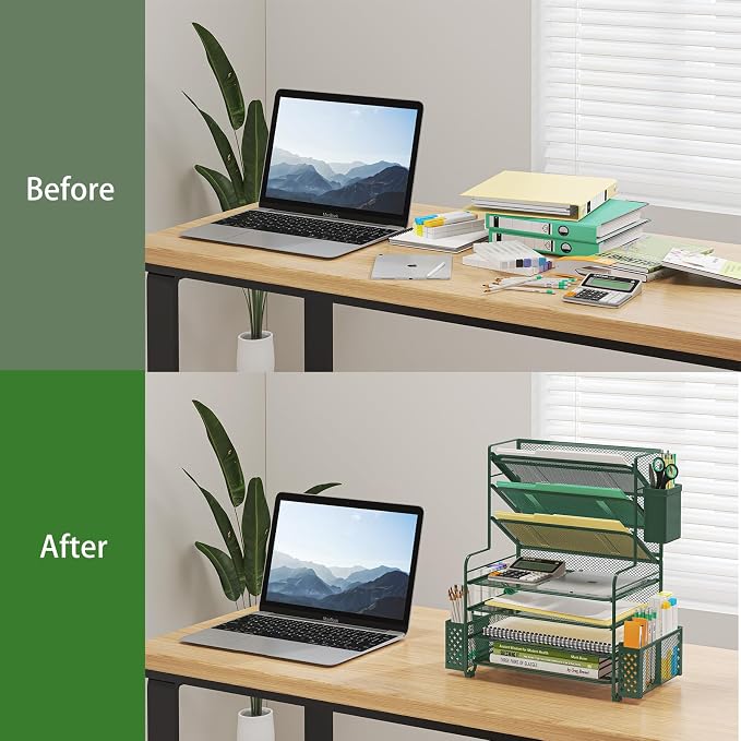 Simple Trending 7 Tier Desk File Organizer, Letter Tray Paper Organizer with Pen Holder and Metal Hanging Basket, Green - Image 5